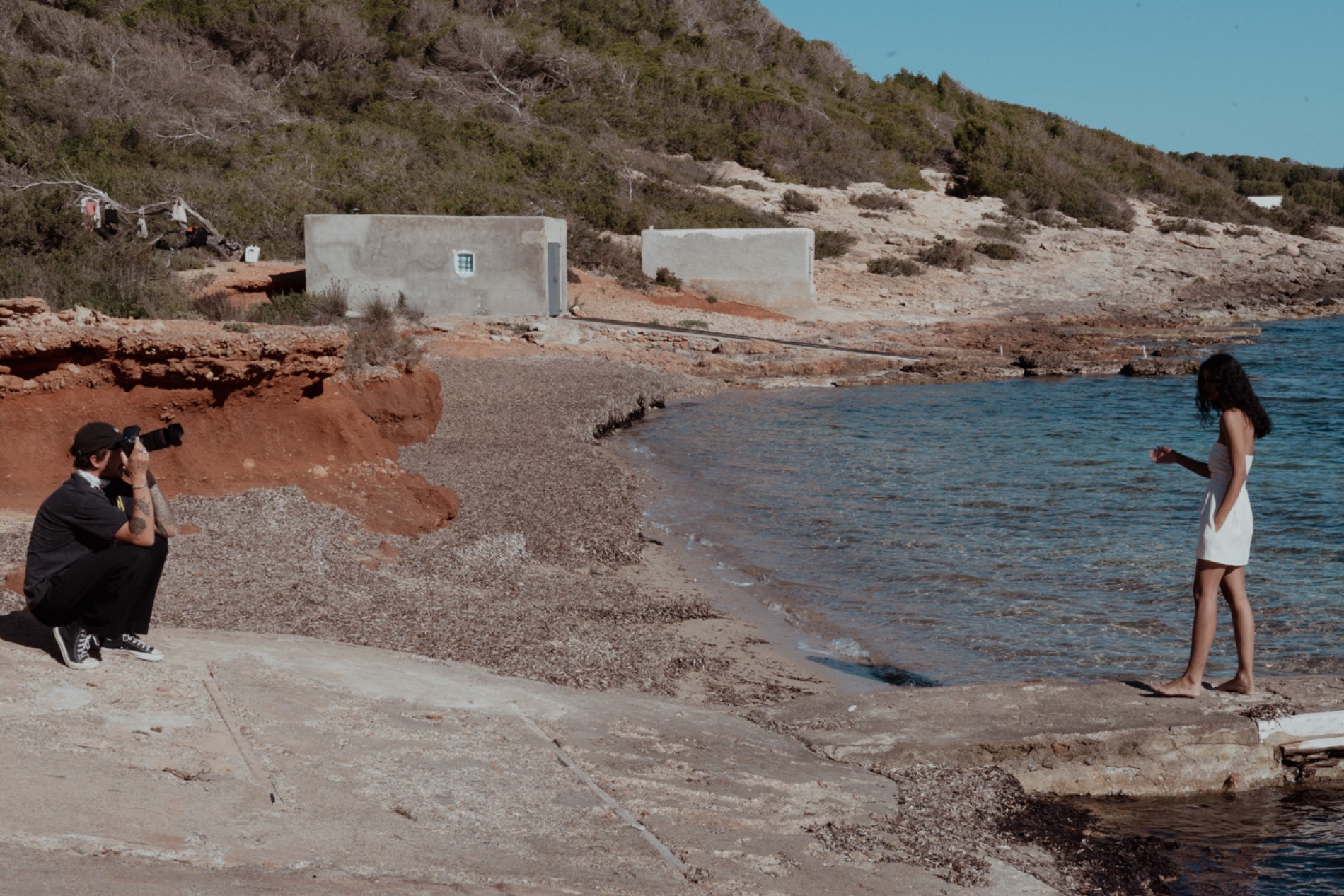 Wide shot of coastal location shoot
