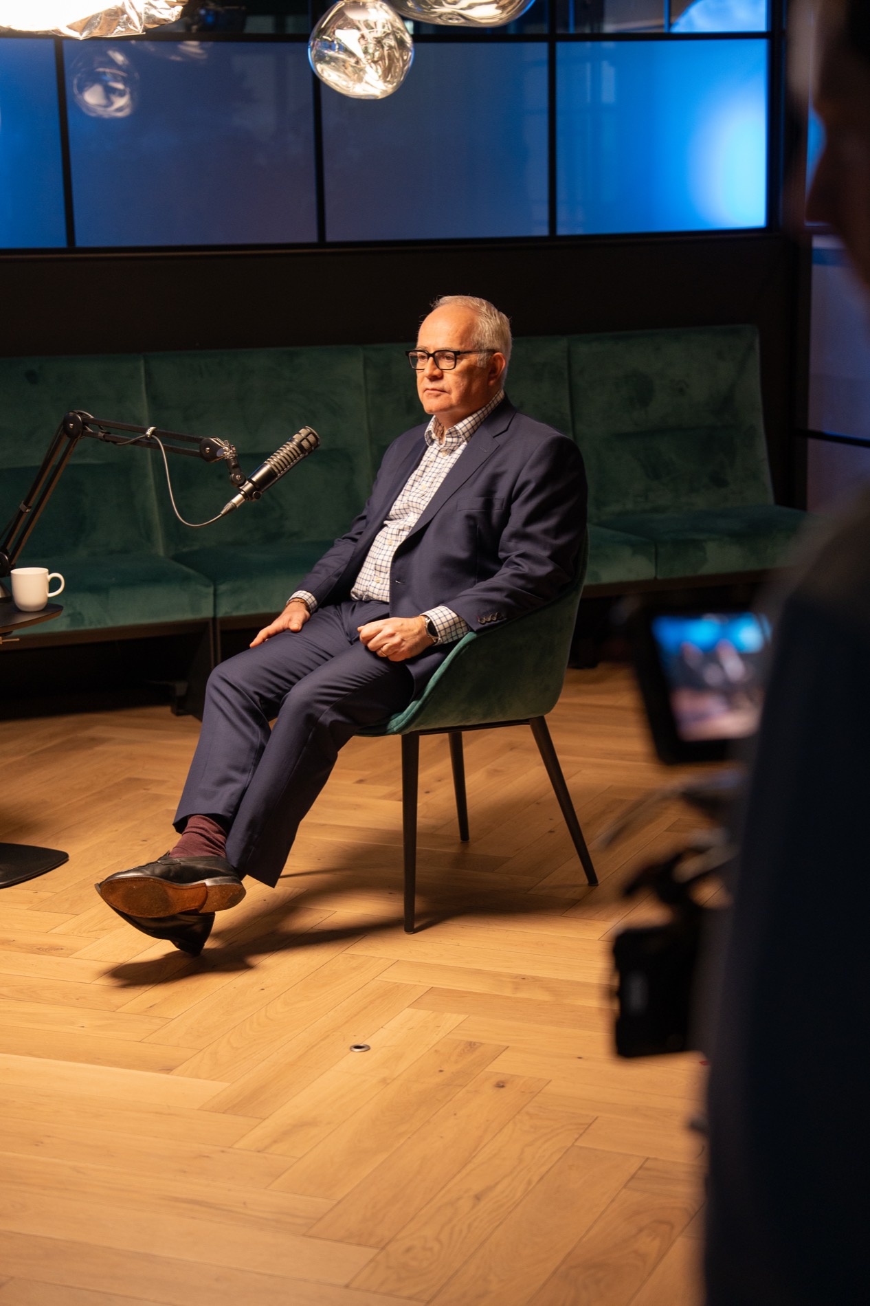 Interview guest on a broadcast studio set